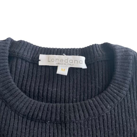 Loredana Black Ribbed Knit Red Trim Asymmetric Ruffle Crewneck Sweater Size M - Picture 3 of 8